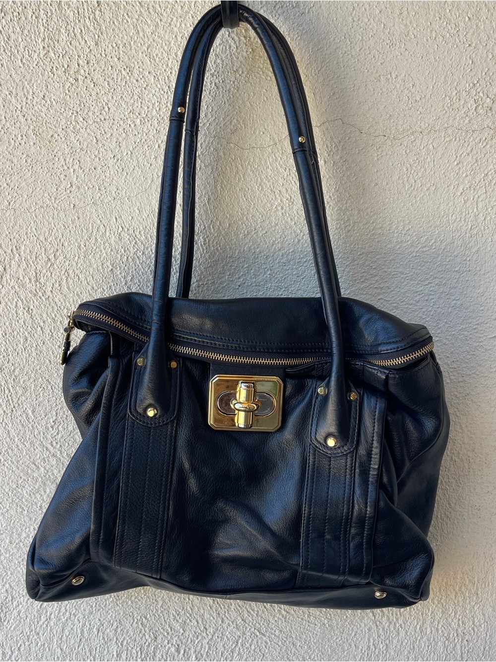 b. makowsky Black Leather Shoulder Bag with Gold-Tone Turn Lock